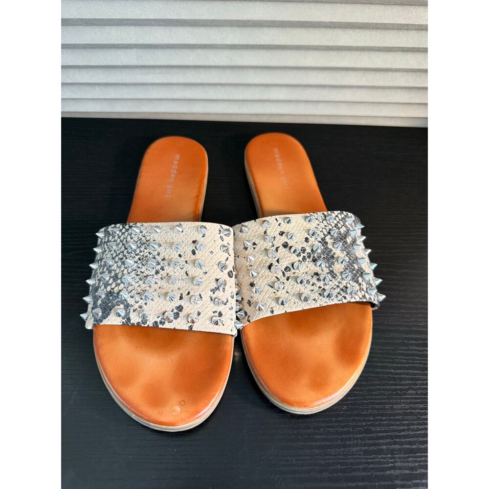 Madden Girl Studded Snake Print Slide Sandals Women’s Size 10M Cognac Footbed